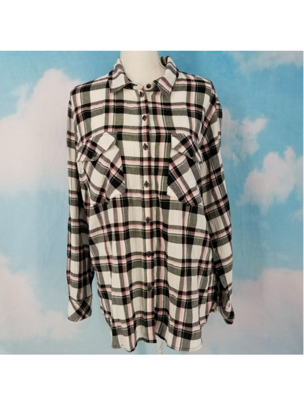 Sanctuary Boyfriend Plaid Shirt Large Fizz Plaid Button Up Flannel Top